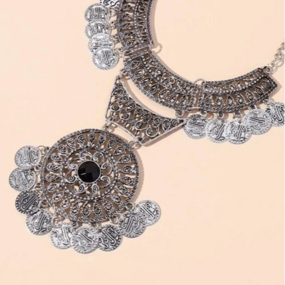 Bohemian Statement Silver Fringe Necklace Hippie‎ Goth Western Glam Coins Sexy